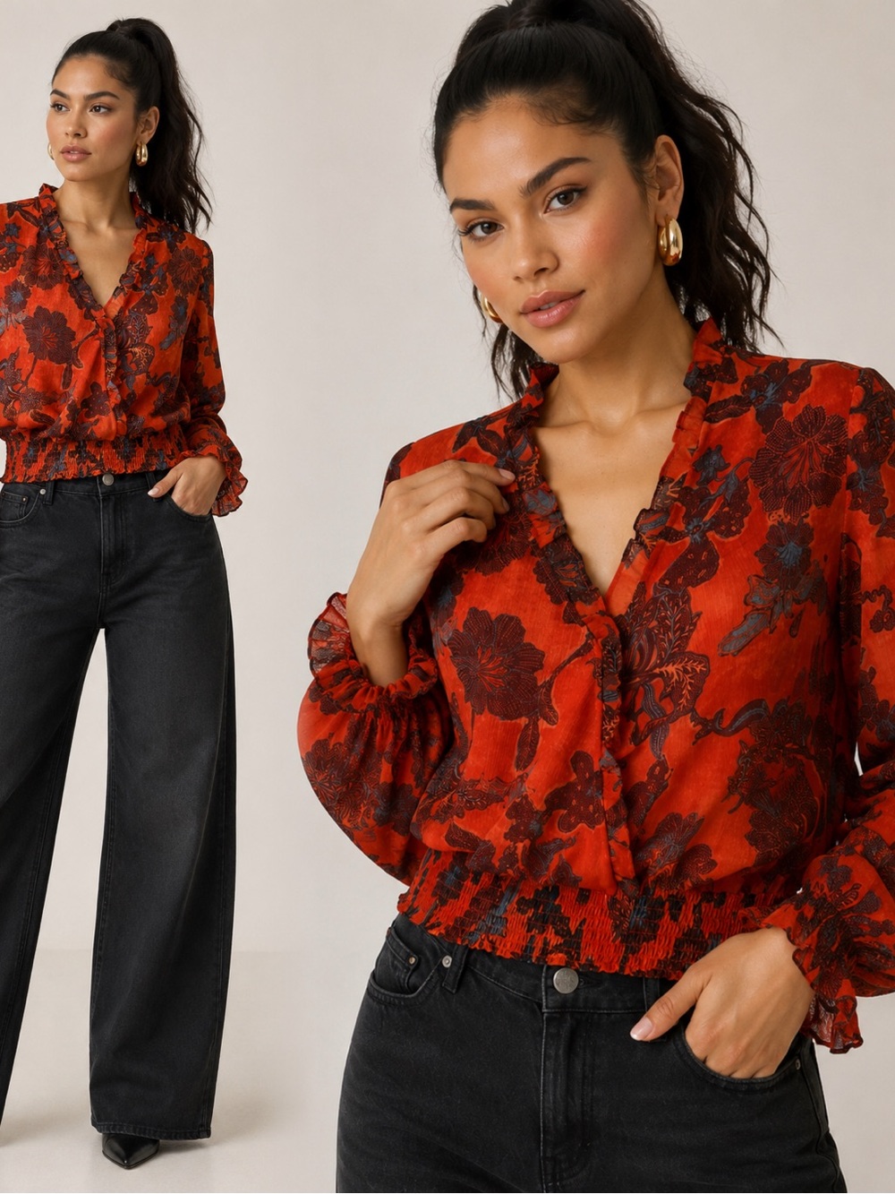 Women’s Orange Red Floral Smocked Hem Blouse